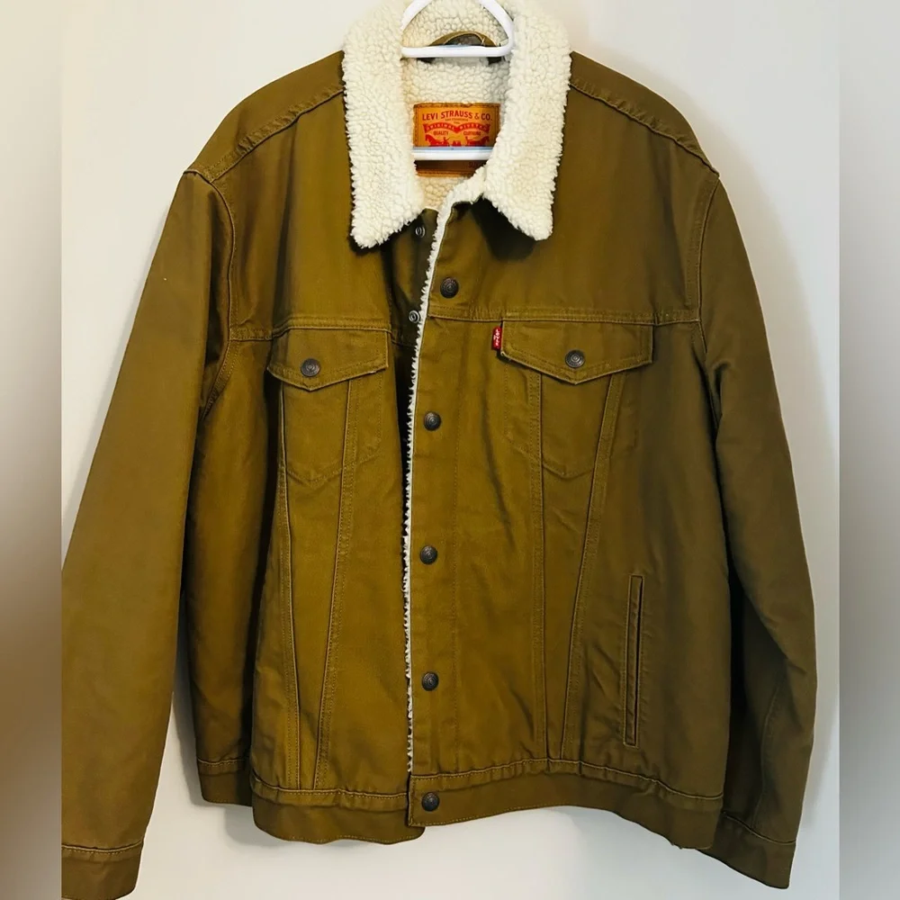 Levi's Classic Khaki Tan Brown Sherpa-Lined Trucker Jacket Men’s XL - Picture 3 of 9